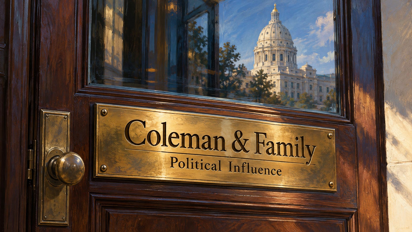 Painterly illustration of a wooden office door with a brass plaque reading 'Coleman and Family' and 'Political Influence'. The Minnesota Capitol is reflected in the glass. Painterly illustration of a wooden office door with a brass plaque reading 'Coleman and Family' and 'Political Influence'. The Minnesota Capitol is reflected in the glass.