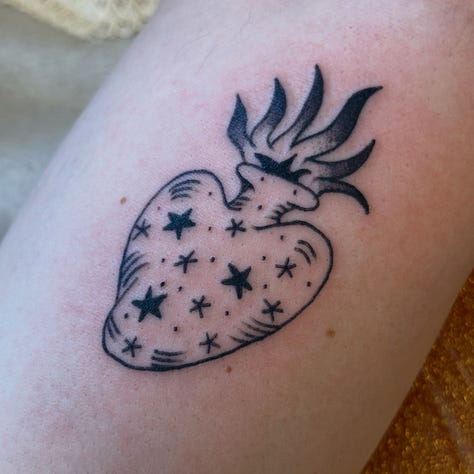 9 photos of tattoos i did this month. from top left to bottom right: a stuffed animal from item label called a peepy, a spiky chain link, a dog dragon, a starry sacred heart, a little guy holding a leaf, another chainlink with a dark black spiky background, another chain link, a brick with leaves growing out of it, and a spiral star on someones elbow (ouch!)