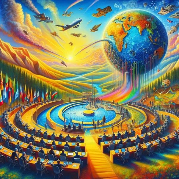 A painting of a meeting room with a rainbow of flags and a globe

AI-generated content may be incorrect.