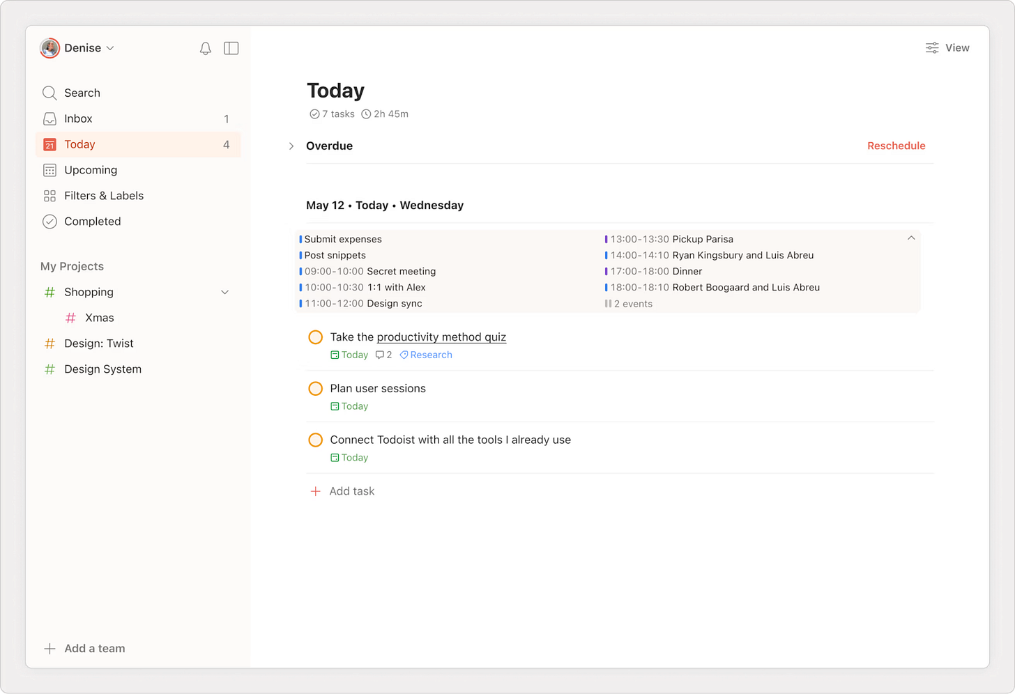 A view of the “Today” page in Todoist, showing a list of tasks with their corresponding deadlines as well as a Google Calendar widget above the to-do list A view of the “Today” page in Todoist, showing a list of tasks with their corresponding deadlines as well as a Google Calendar widget above the to-do list
