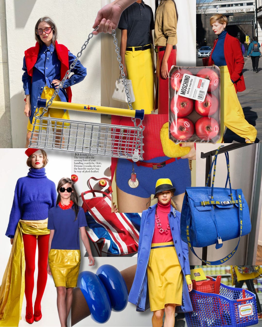 A fashion mood board built around primary colors — cobalt blue, fire engine red, and chrome yellow. Images include: a woman in a red vest over a blue shirt with a yellow skirt carrying a Lidl shopping basket as a handbag; a Moschino-branded apple packaging rendered as a fashion accessory; a woman in a navy turtleneck and yellow pencil skirt with a red coat; a blue leather Hermès-style Birkin bag with IKEA branding; a woman in a full cobalt blue turtleneck and yellow midi skirt with red tights; a red and white striped leather tote; oversized cobalt blue resin earrings; a Chanel-branded red shopping basket; and a model in a blue turtleneck, gold skirt, and red tights with a red beret.