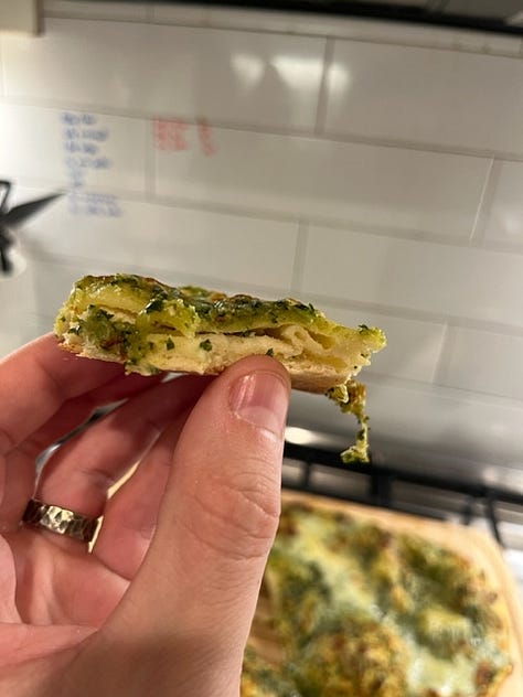a full pie, designed in the form of an oval (oops!). then, the side view of the pie, with dough bubbles. finally, a thin square slice with crust layers in sight.