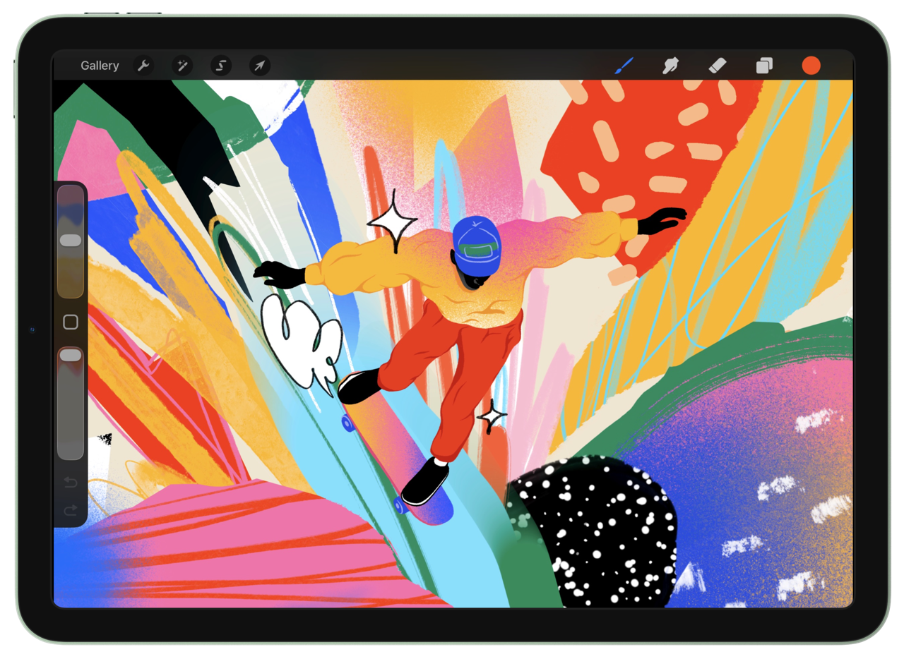 iPad running Procreate, displaying a vibrant illustration of a skateboarder mid-trick against an abstract, multicolored background.
