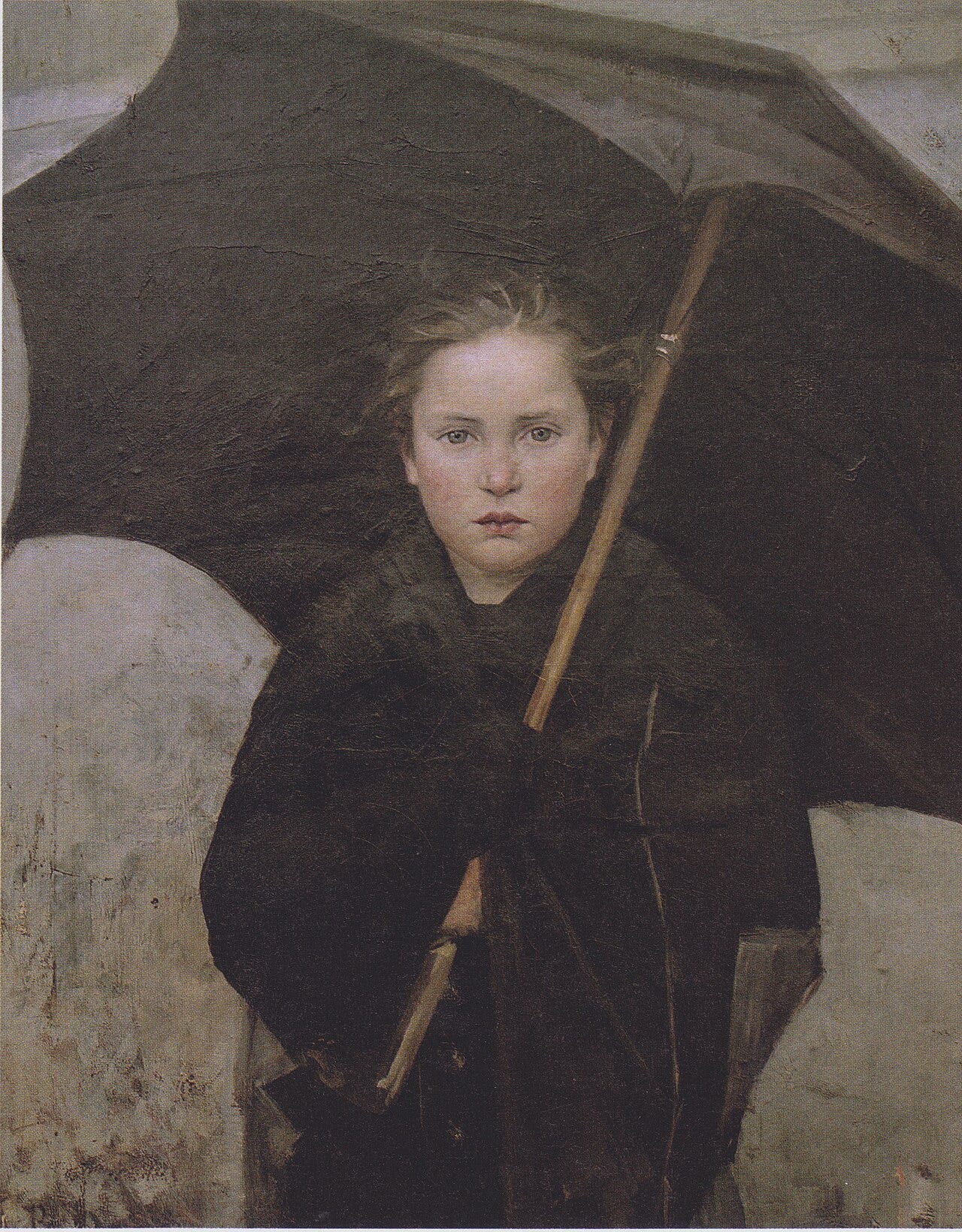 A poor girl huddled under a large umbrella A poor girl huddled under a large umbrella