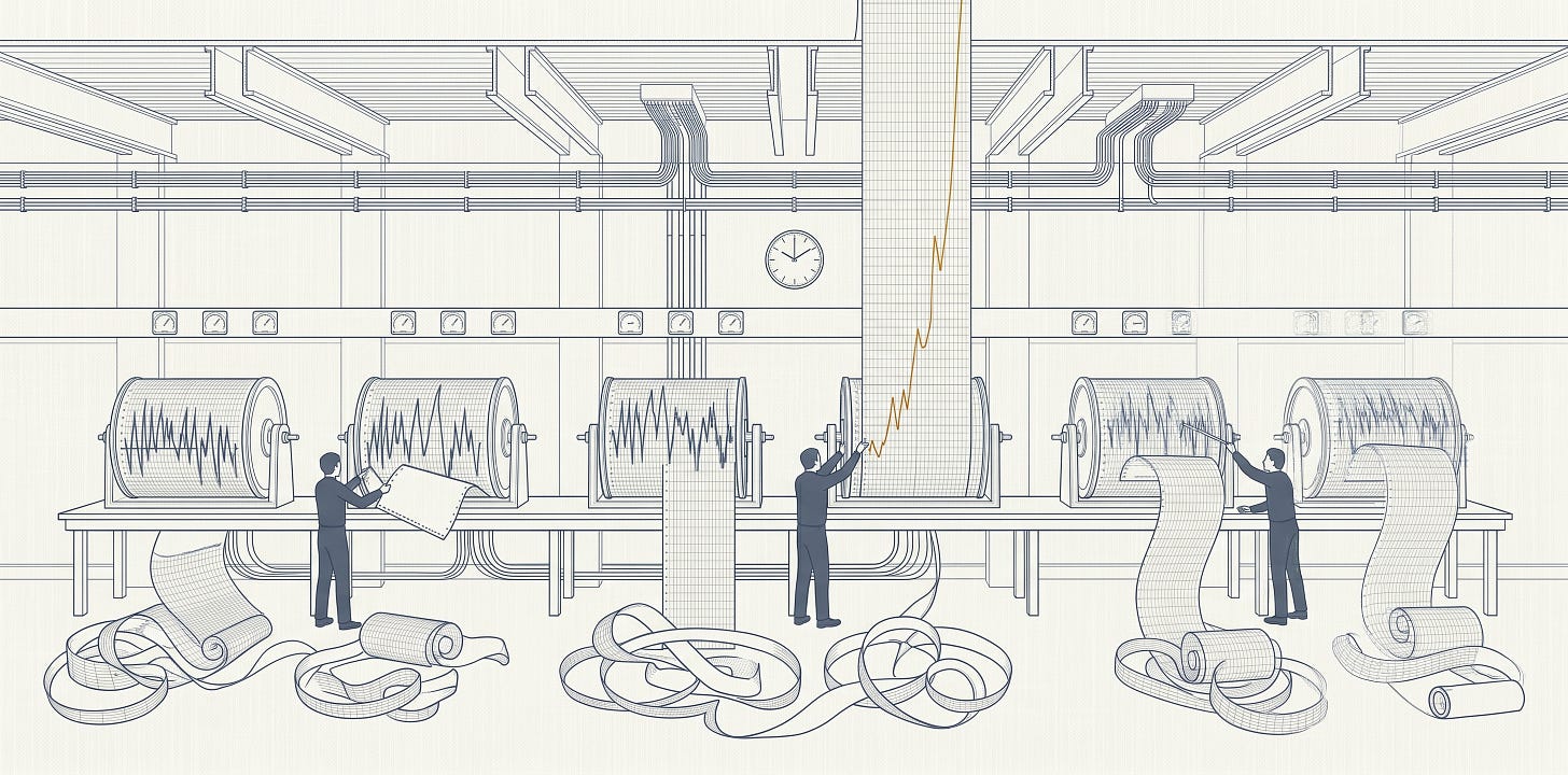 Precision technical illustration in slate blue on off-white: a long monitoring gallery where a row of drum-style chart recorders all trace jagged, spiking lines at once, ribbons of paper spilling into coils on the floor as small figures tend the bench; a single trace climbs in amber-gold off the top of its chart, marking a reading gone off the scale.