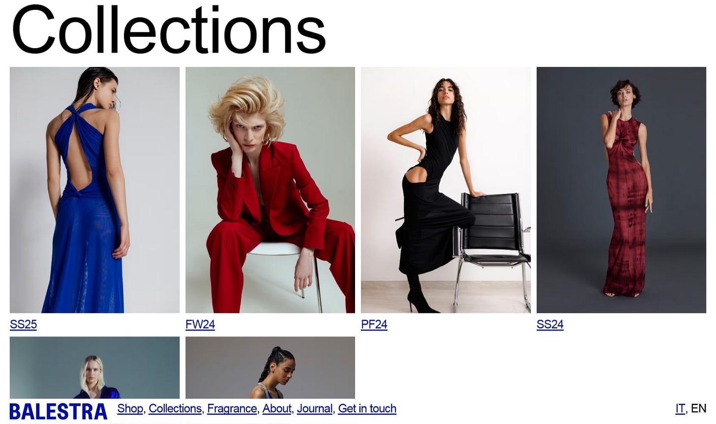 The "Collection" page on the Balestra site