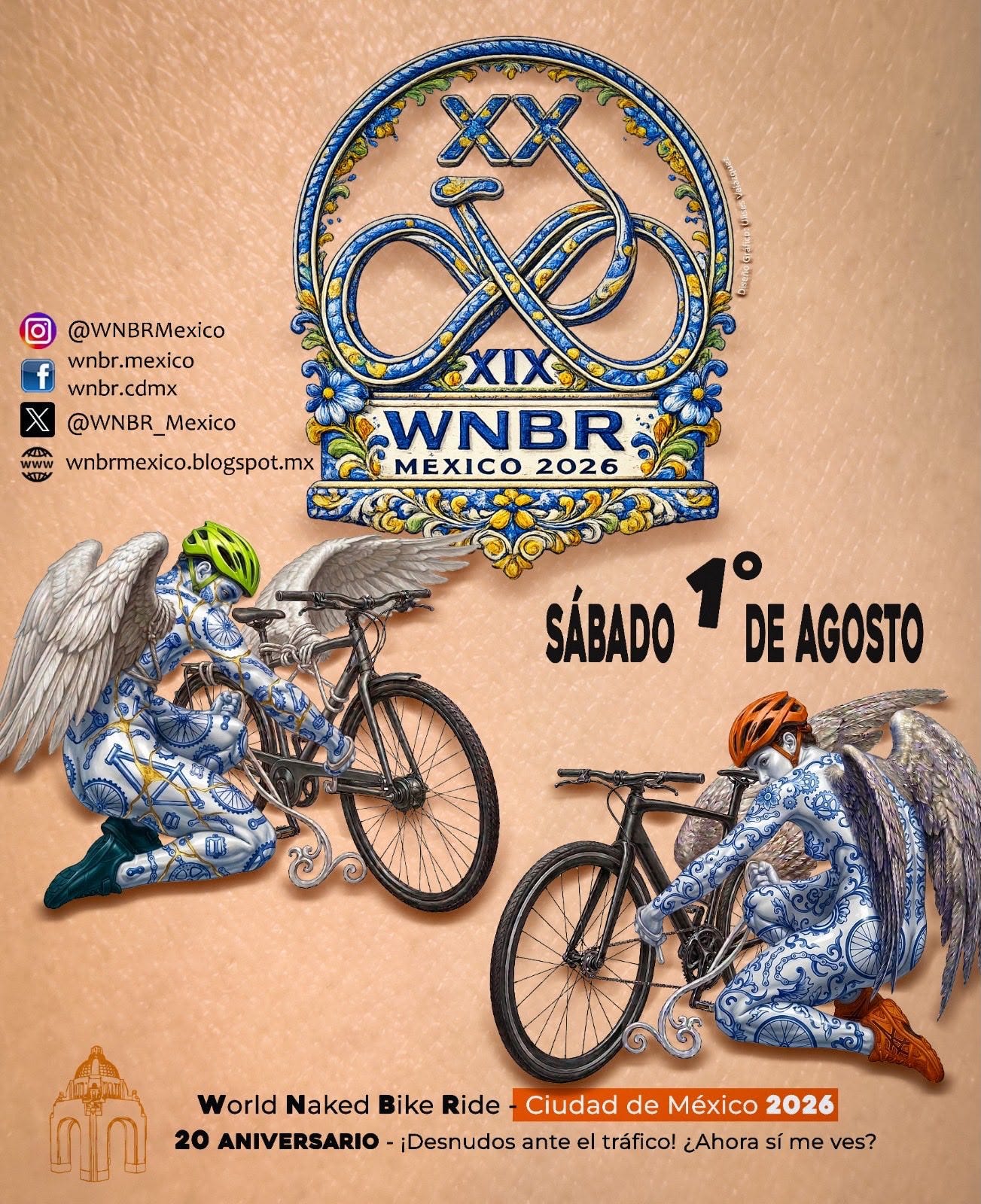Official poster for the 2026 World Naked Bike Ride in Mexico City, featuring two nude, winged cyclists beside bicycles and an ornate blue-and-gold bicycle emblem. Text announces the ride for Saturday, August 1, and marks its 20th anniversary. Official poster for the 2026 World Naked Bike Ride in Mexico City, featuring two nude, winged cyclists beside bicycles and an ornate blue-and-gold bicycle emblem. Text announces the ride for Saturday, August 1, and marks its 20th anniversary.