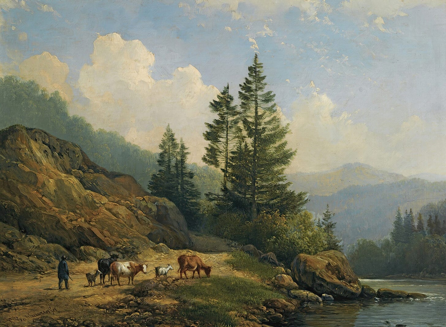 A painting of a man with cattle beside a river with green trees and mountains in the background. 