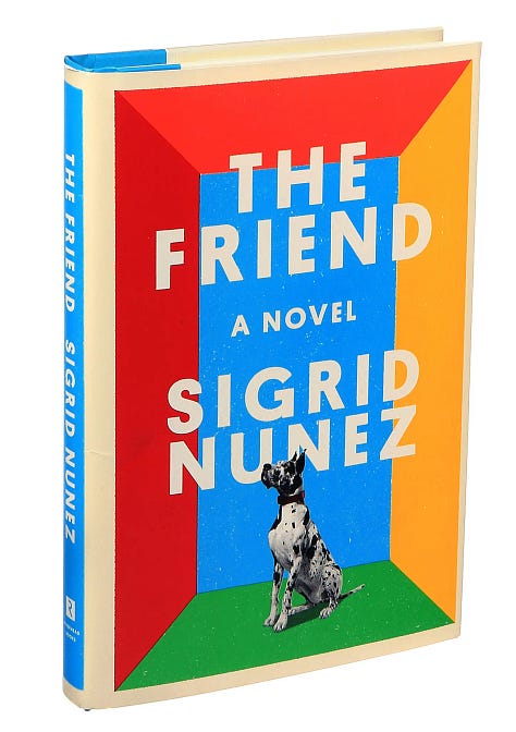 The Friend by Sigrid Nunez, Brett Goldstein and Mae Martin hugging, four patients in hospital gowns (the logo of podcast The Retrievals), Idina Menzel on TikTok, Material Girls podcast logo, the movie Theater Camp's poster