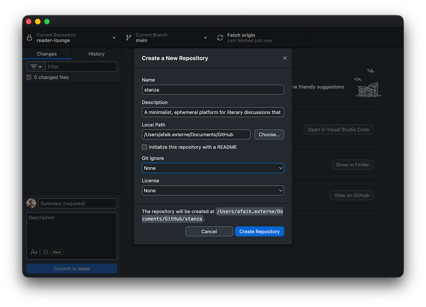 The GitHub Desktop interface shows a popup window for creating a new repository named stanza with a description and file path. The GitHub Desktop interface shows a popup window for creating a new repository named stanza with a description and file path.