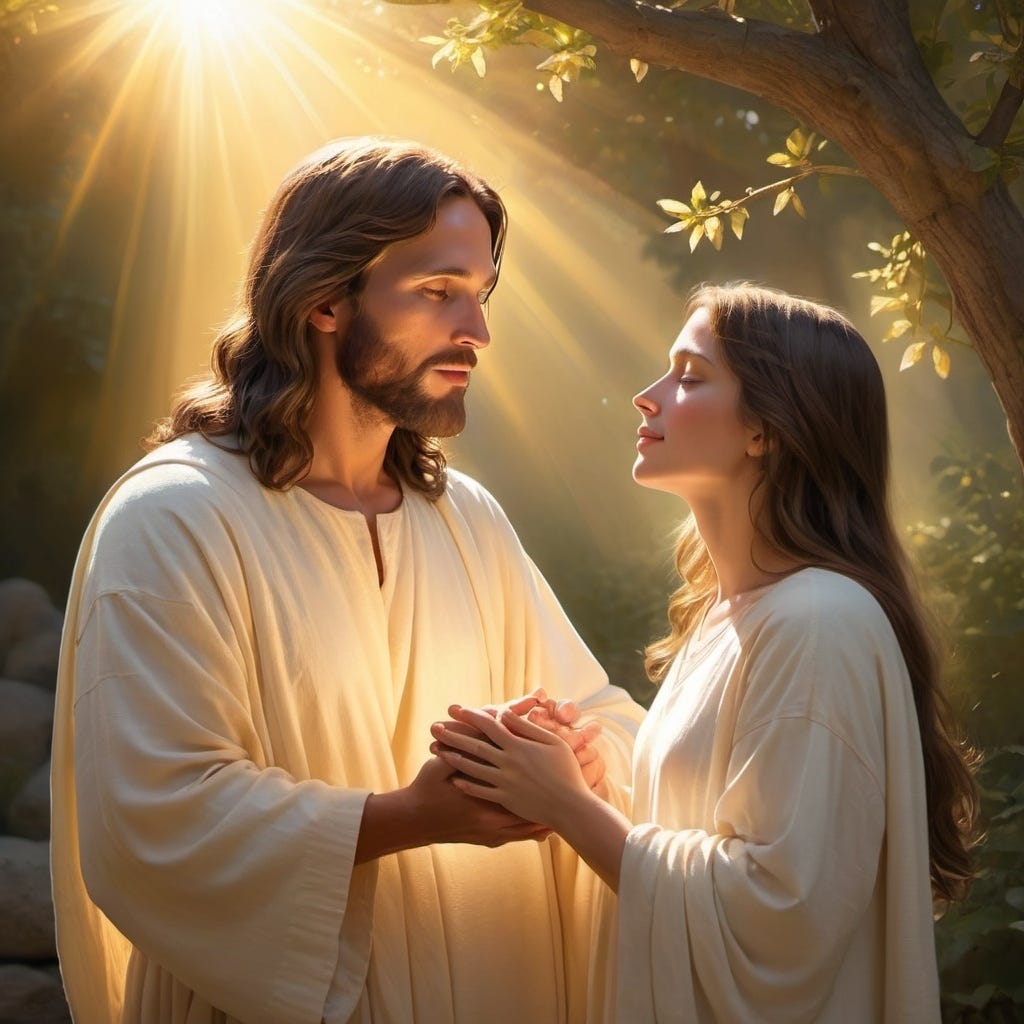 Jesus is praying with a young woman with sunrays shining down on them