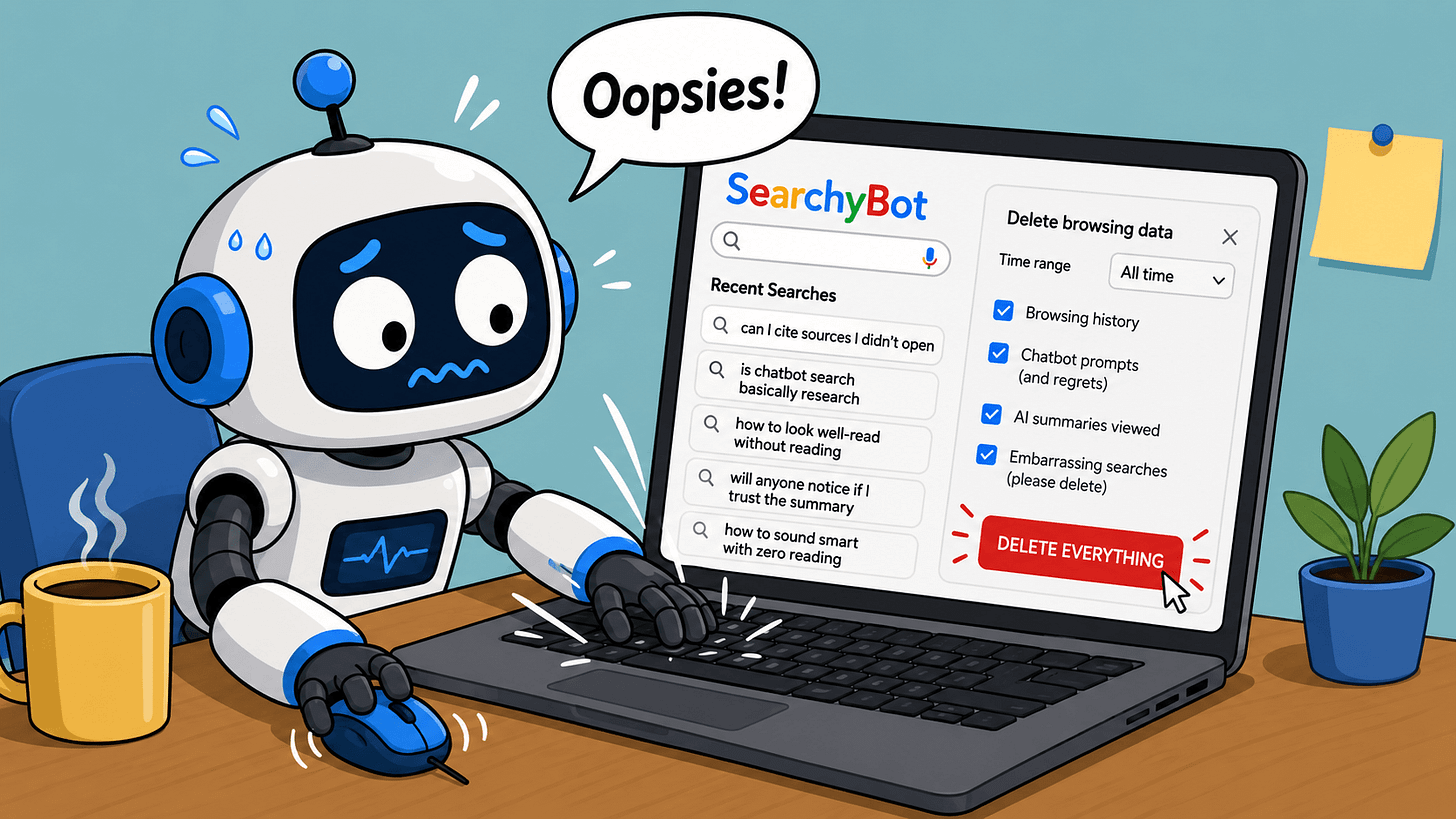 Illustration of a flustered robot named SearchyBot at a laptop, deleting its browser history, next to a coffee mug and a small plant.