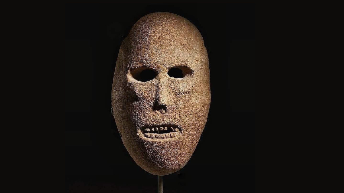 A Pre-Pottery Neolithic B stone mask, with hollow eyes and carved teeth. Fifteen are known, and only two were recovered by excavation.