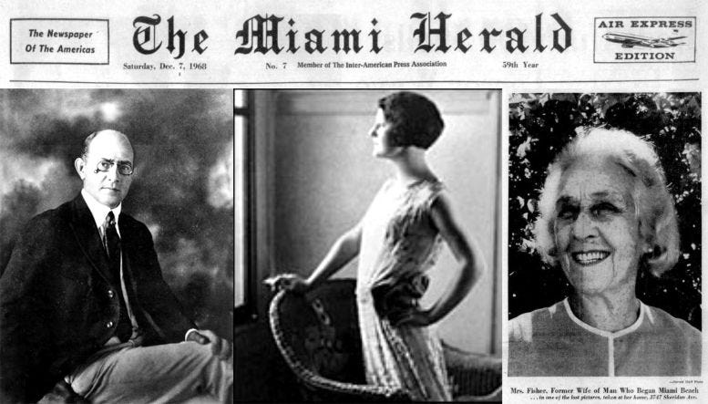 Composite of portraits of Carl Fisher and Jane Fisher, along with the front page of the Miami Herald on December 7, 1968.
