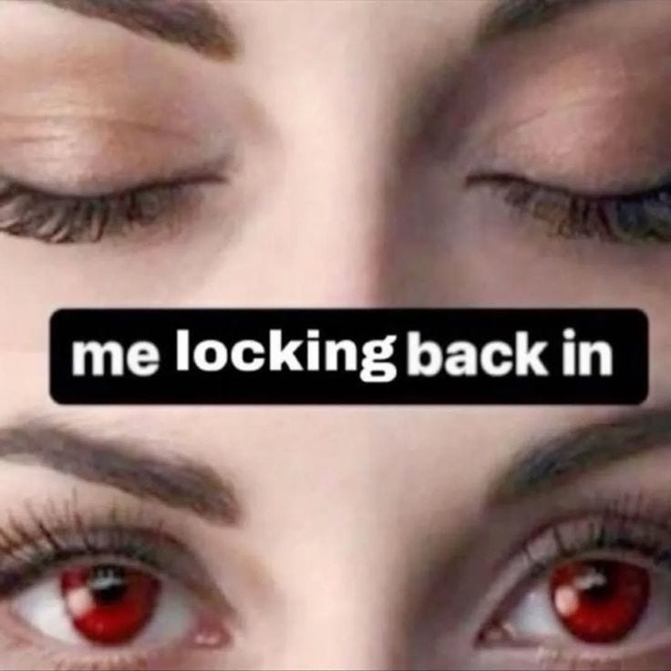 This may contain: two red eyes with the words me looking back in