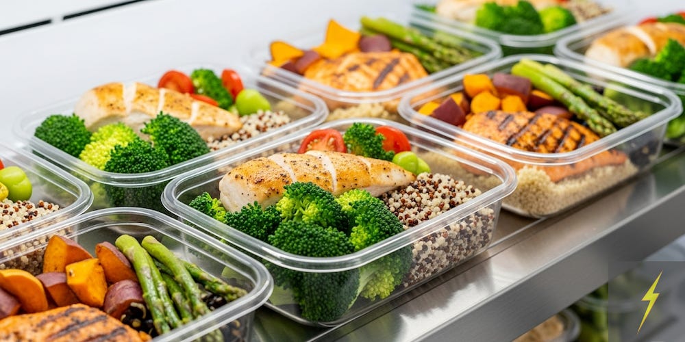 Image of meal prep containers filled with grilled chicken, quinoa, broccoli, cherry tomatoes, and roasted vegetables, neatly arranged on a refrigerator shelf. The vibrant, healthy meals highlight fresh ingredients and balanced portions, promoting meal prep, clean eating, and healthy lifestyles. Image of meal prep containers filled with grilled chicken, quinoa, broccoli, cherry tomatoes, and roasted vegetables, neatly arranged on a refrigerator shelf. The vibrant, healthy meals highlight fresh ingredients and balanced portions, promoting meal prep, clean eating, and healthy lifestyles.
