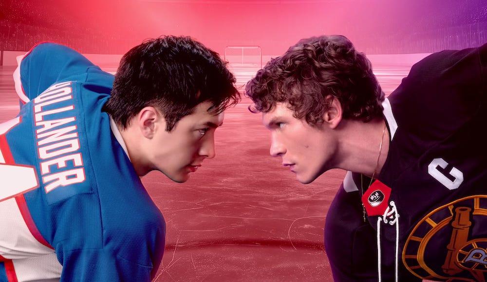 A detail from the poster of Heated Rivalry featuring the two leads in ice hockey gear staring at each other