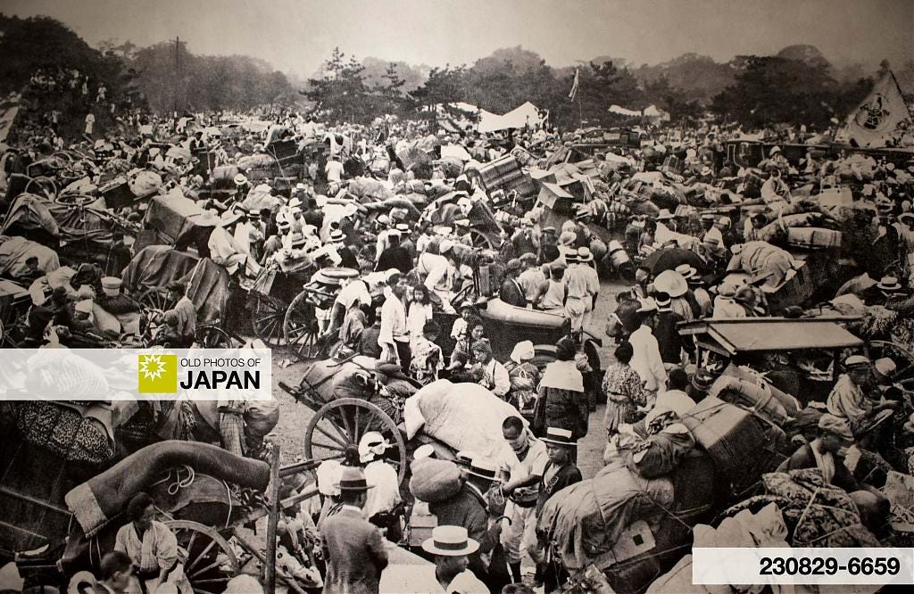 Displaced people at the Imperial Palace in Tokyo on September 1, 1923 Displaced people at the Imperial Palace in Tokyo on September 1, 1923