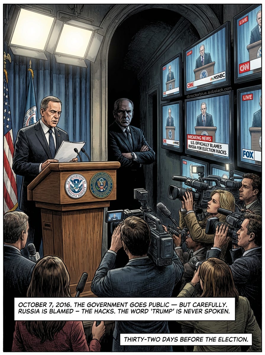 same subject new image - Image PromptPaolo Serpieri style full color hyper-detailed graphic novel panel 34 portrait aspect ratio A press briefing room  podium with DHS and ODNI seals Banks of cameras and reporters fill the foreground their f_image_1