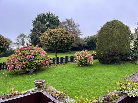two photos of huge cliffs and pebbly beaches, a flat sand and water shot, a lush green garden with bushes, a close up of hydrangeas, a view over a green garden with white clouds on the blue sky and green hills in the distance
