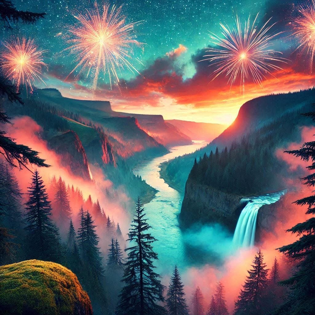 River gorge, stars, fireworks, waterfall