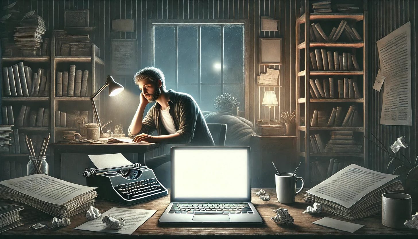 An image illustrating the theme of a writer's perseverance. The background shows a dimly lit home office with a desk, a laptop displaying a blank screen, and scattered notes. A tired writer with a thoughtful expression sits with a cup of coffee nearby. Behind the writer, a faintly illuminated bookshelf is visible, filled with books.