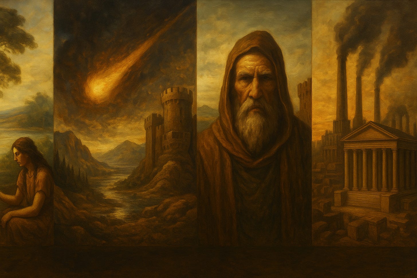 Painting showing four scenes symbolising the rise of patriarchy through time: a peaceful woman in nature; a fiery cataclysm with medieval towers; a hooded elder representing control and wisdom hardened by history; and an industrial landscape with smoking chimneys and a classical temple, depicting the culmination of hierarchy and power.