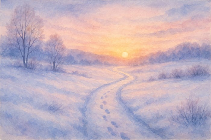 Watercolor landscape of a snowy path at sunrise, symbolizing gentle reflection and compassionate new year intentions for sensitive people.