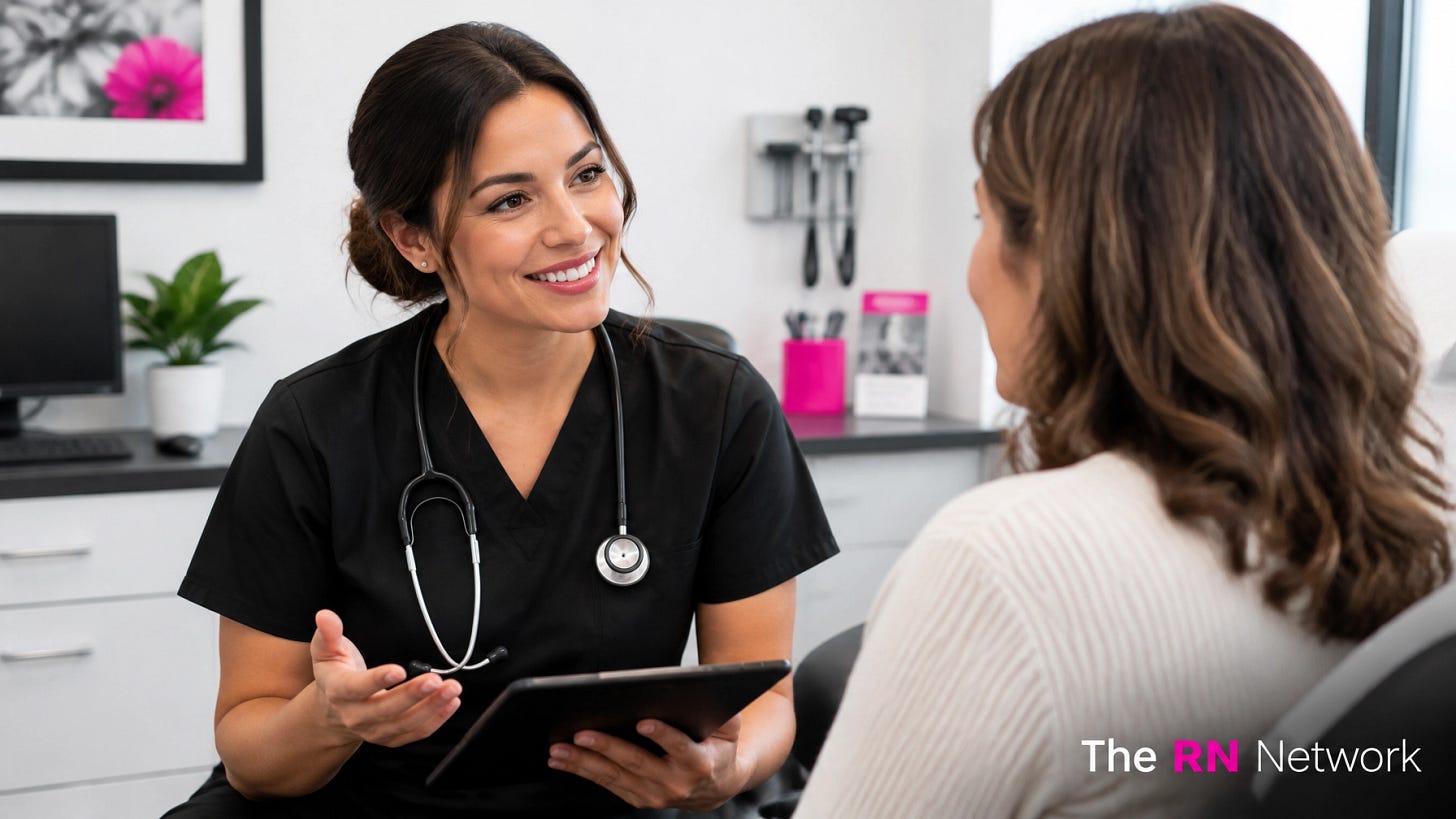 A nurse in neutral black scrubs speaks with a patient in an outpatient clinic, illustrating continuity and patient education, with The RN Network logo
