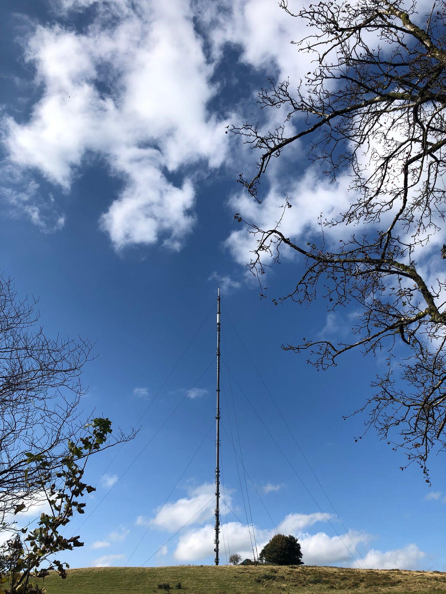 A tall, metal mast, secured by several tight cables, standing on a grassy hill underneath a blue sky.