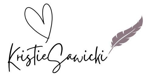 Logo featuring a hand-drawn heart, the name "Kristie Sawicki" in cursive, and an illustration of a gray feather. Perfect for personal blogging enthusiasts, this design embodies the essence of "Blogging from the Heart.