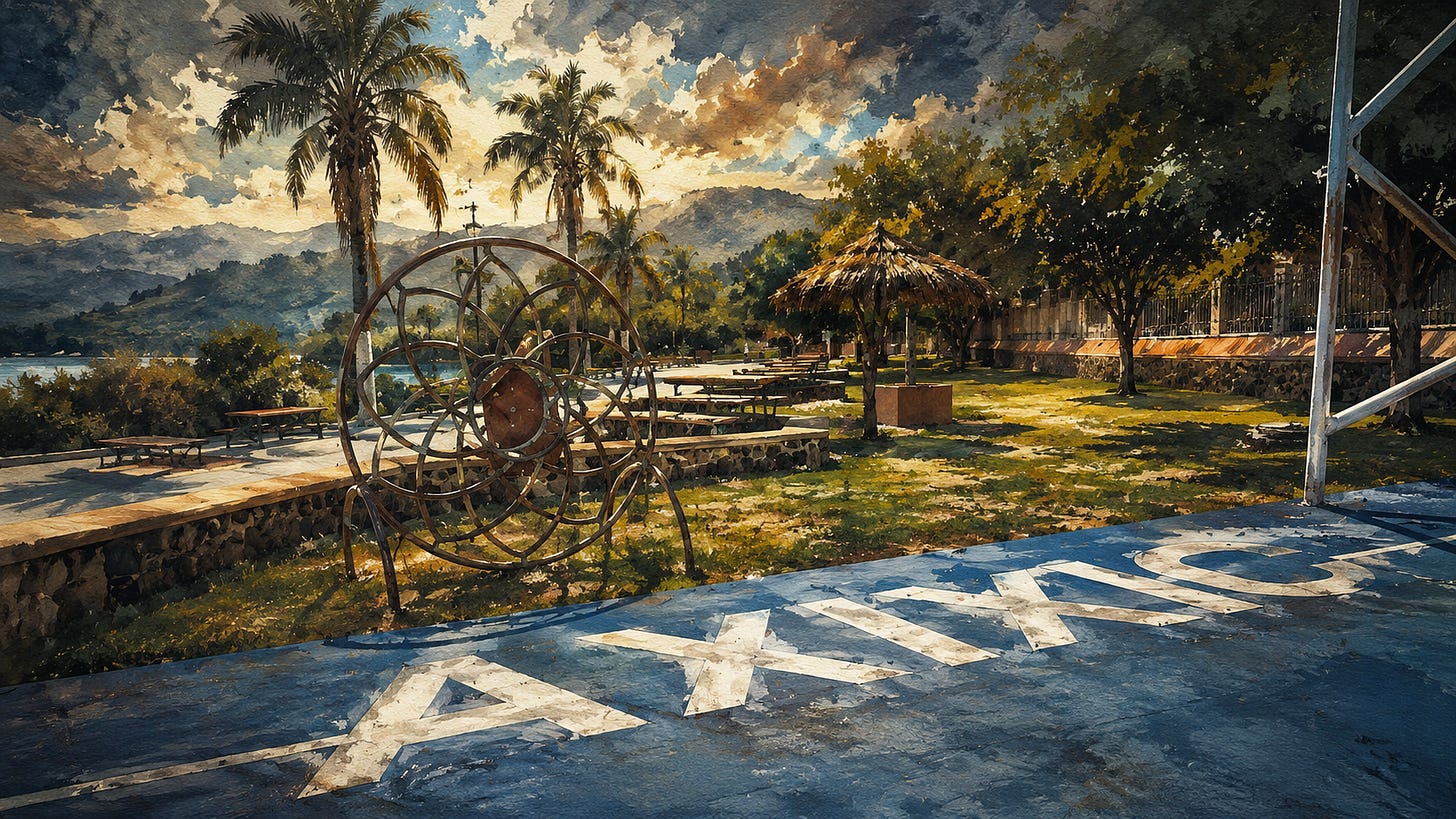 Painterly watercolor-and-oil view of the Ajijic waterfront, with large white “AXIXIC” letters painted across a blue foreground, a rusted spiral metal sculpture on the grass, palm trees, benches, Lake Chapala, and distant mountains under a dramatic cloud-filled sky; a reimagining of a photo I took in Ajijic, Mexico.
