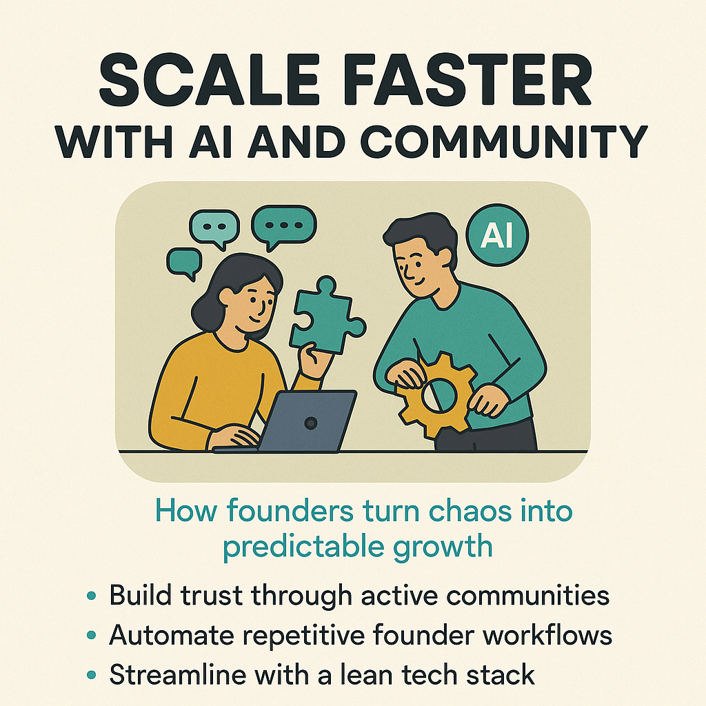 Image showing two founders at laptops with puzzle and gear icons, symbolizing AI, automation, community, and startup growth strategies.