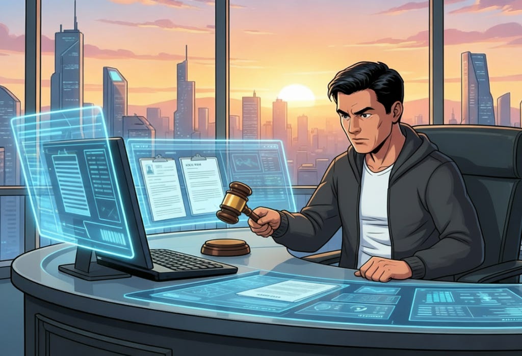 A designer in a casual outfit sits at a computer in a high-tech, futuristic environment and makes decisions using a gavel. A designer in a casual outfit sits at a computer in a high-tech, futuristic environment and makes decisions using a gavel.