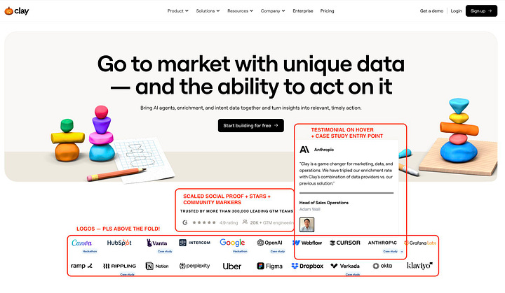 How Clay stacks social proof in their landing pages