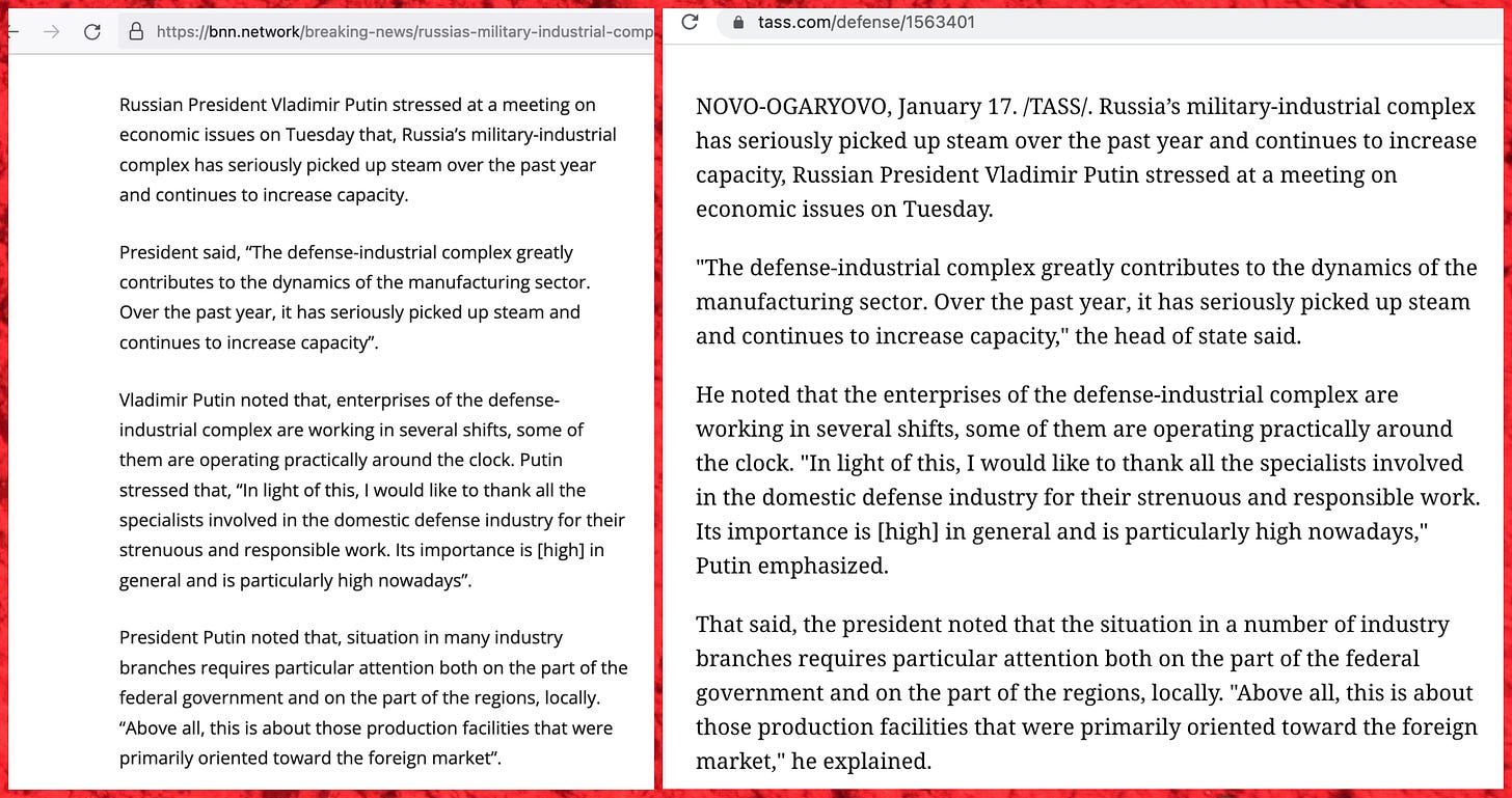 paragraphs from a BNN article on Russia's military-industrial complex, and paragraphs from a similar TASS article the BNN article was presumably copied from