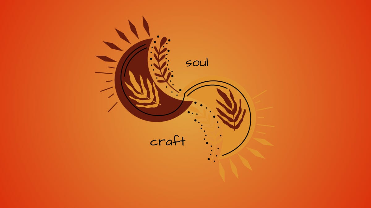 Minimalist S-shaped logo for soul.jpg on an orange gradient. A dark crescent moon with a leaf and sunrays sits above the word "soul," mirroring a lighter gold leaf motif above "craft." Minimalist S-shaped logo for soul.jpg on an orange gradient. A dark crescent moon with a leaf and sunrays sits above the word "soul," mirroring a lighter gold leaf motif above "craft."