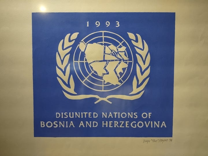 The top left image shows a black poster with barbed wire rings in the form of the olympic rings. It says "welcome to the olympic games. Welcome to Sarajevo". The top middle image shows a sign that says "enjoy Sarajevo. 1993/94" in the shape of the coca-cola logo. In the bottom it says "coca-cola logo redesigned by trio sarajevo". The top right image shows a picture of a Campbell's Soup can that says "Sarajevo';s condensed chicken with rice soup." The cna has bullet holes in it. Underneath it says "Andy Warhol Campbell Soup redeisnged by Trio Sarajevo." The bottom left image shows a poster on a blue background with the united nations logo. It says "1993. Disunited nations of Bosnia and Herzegovina." The bottom right image is of a woman on a black background with stars in her hair. She is sleeping. It says "wake up, Europe! Sarajevo calls every man woman and child."