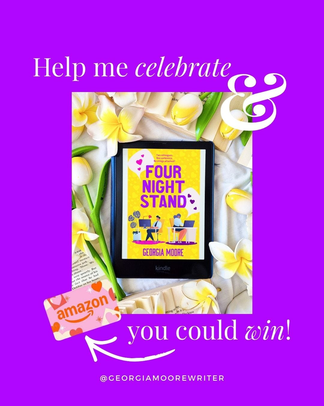 Purple background with a photo of romance book Four Night Stand and copy that says, 'Help me celebrate and you could win'