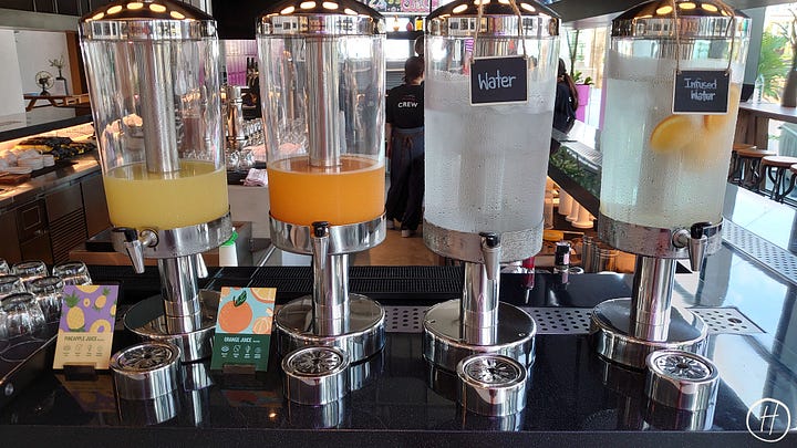 Food offerings at Moxy breakfast buffet