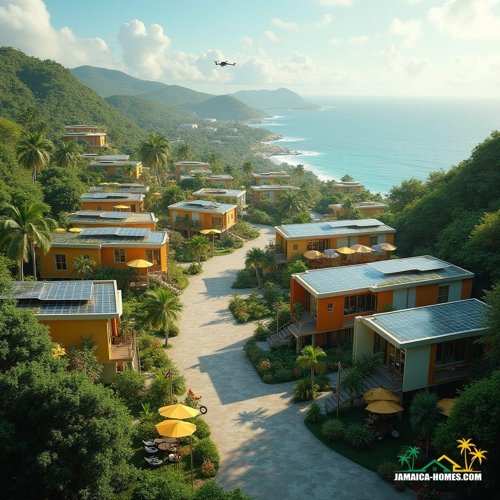 Aerial view of a livable futuristic Jamaican hillside community
