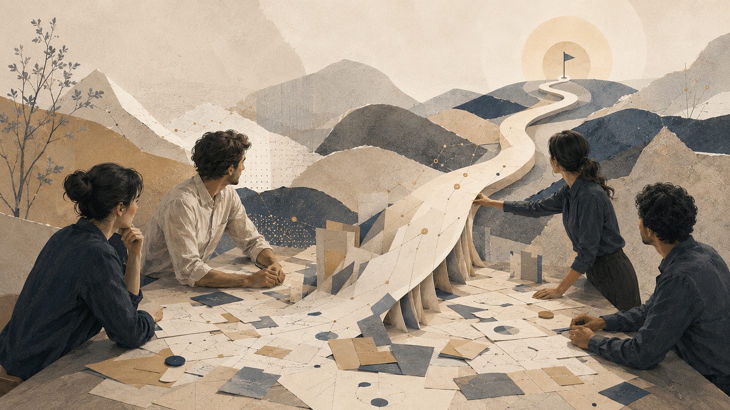 Team mapping a winding audience path through paper notes and mountain shapes