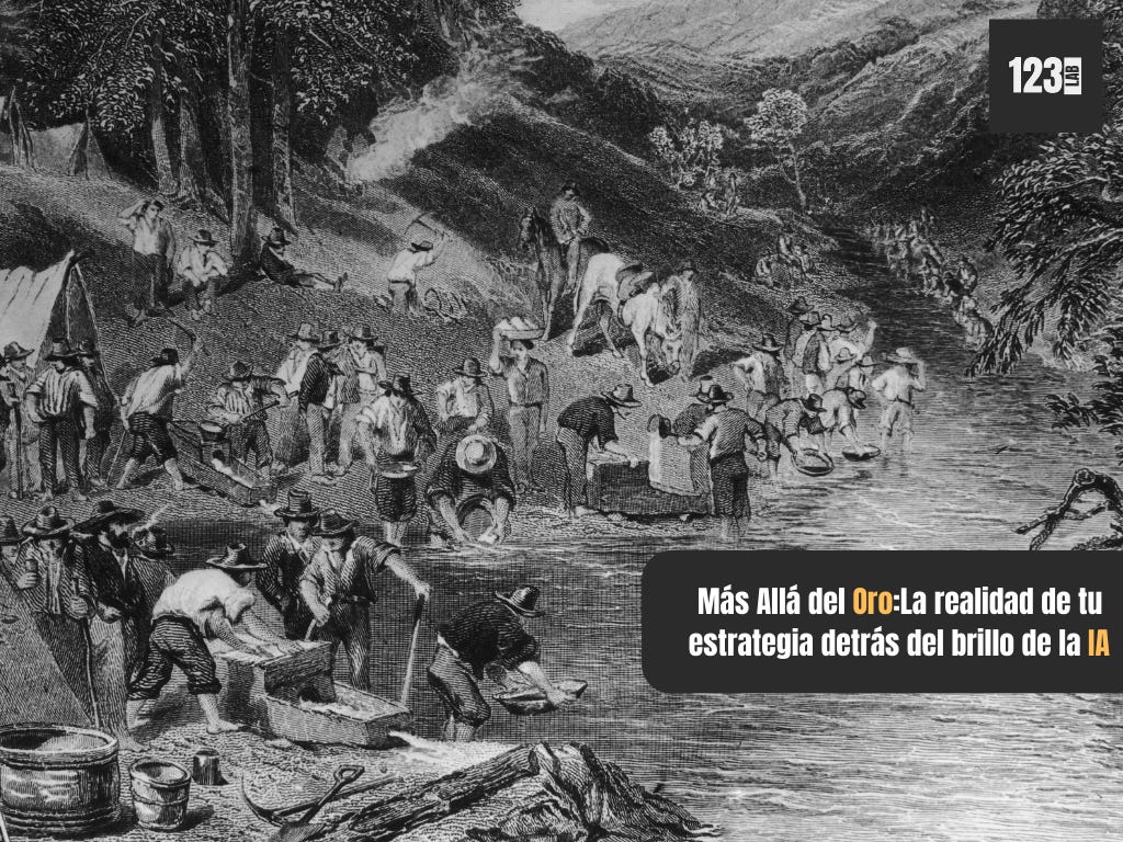 Grabado histórico de mineros durante la fiebre del oro de 1849, trabajando en un río con palas y herramientas, representando el paralelo entre la búsqueda histórica de oro y la actual carrera por la IA