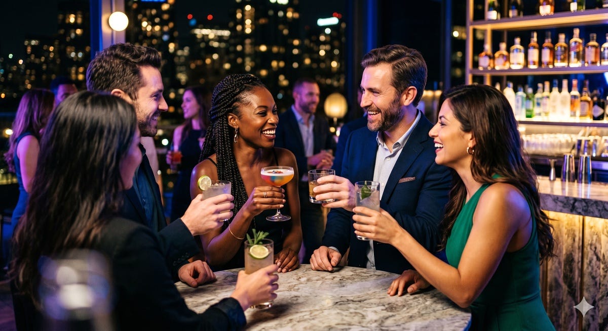 A candid, premium night photograph of a diverse, well-dressed group of six smiling friends at a sophisticated rooftop bar, holding colorful cocktail glasses and laughing mid-conversation. The scene is atmospheric with warm and cool urban background lights, illustrating energy, luxury, and social enjoyment.