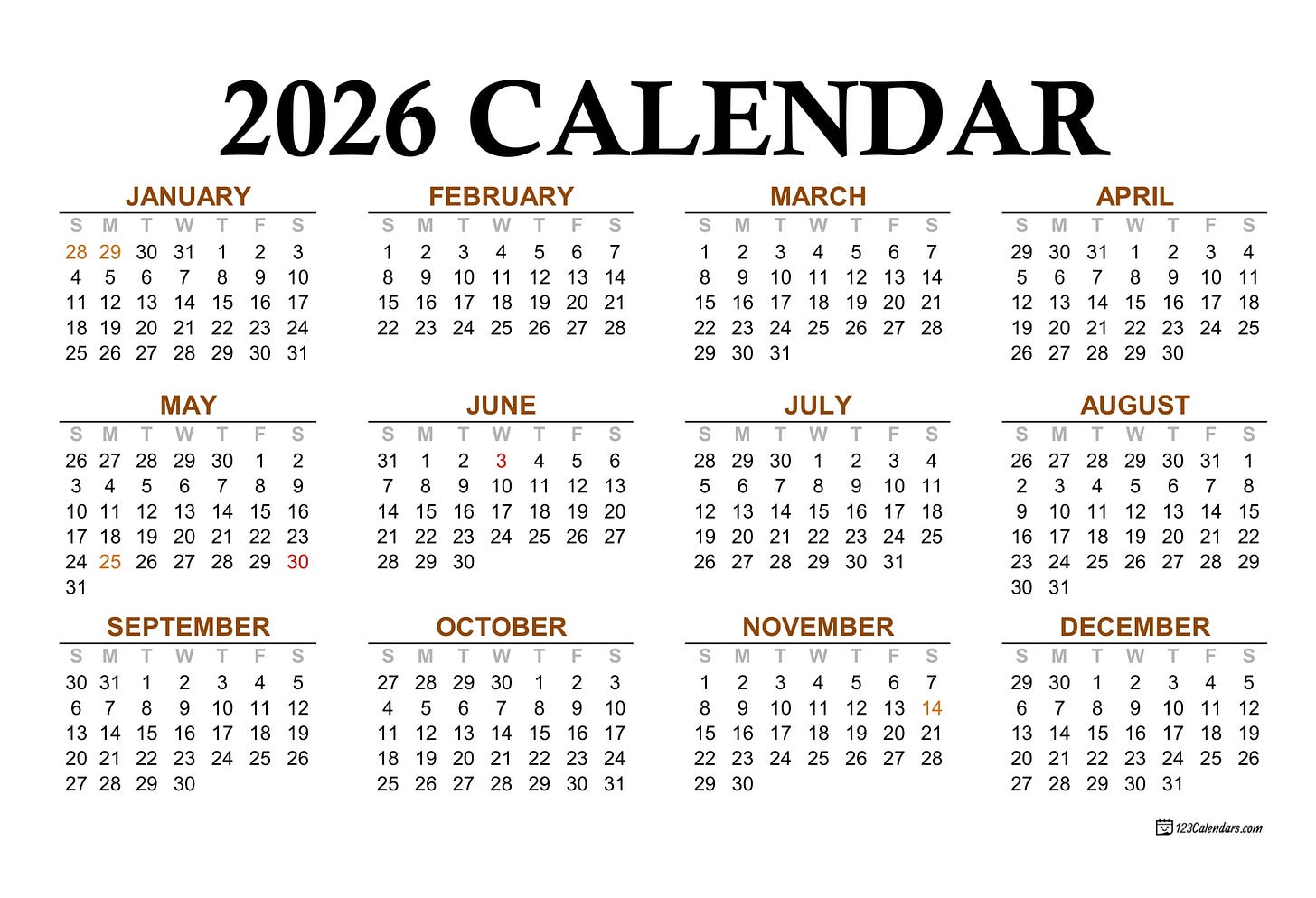 Year 2026 Calendar Templates | 123Calendars.com