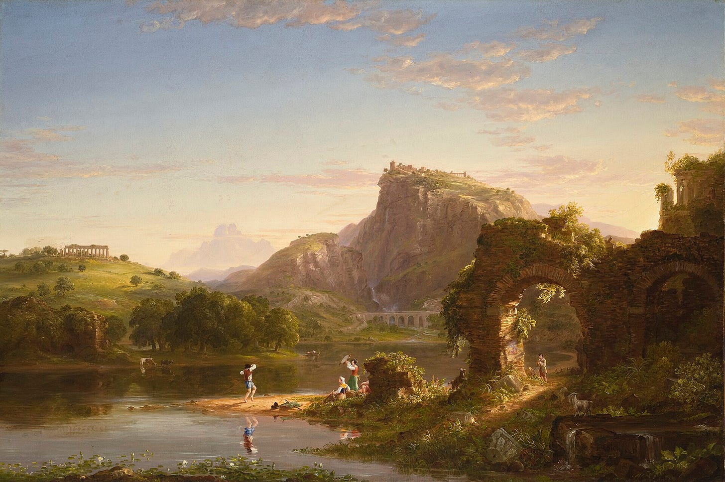 Italian scene with cliff, lake and ruined temples