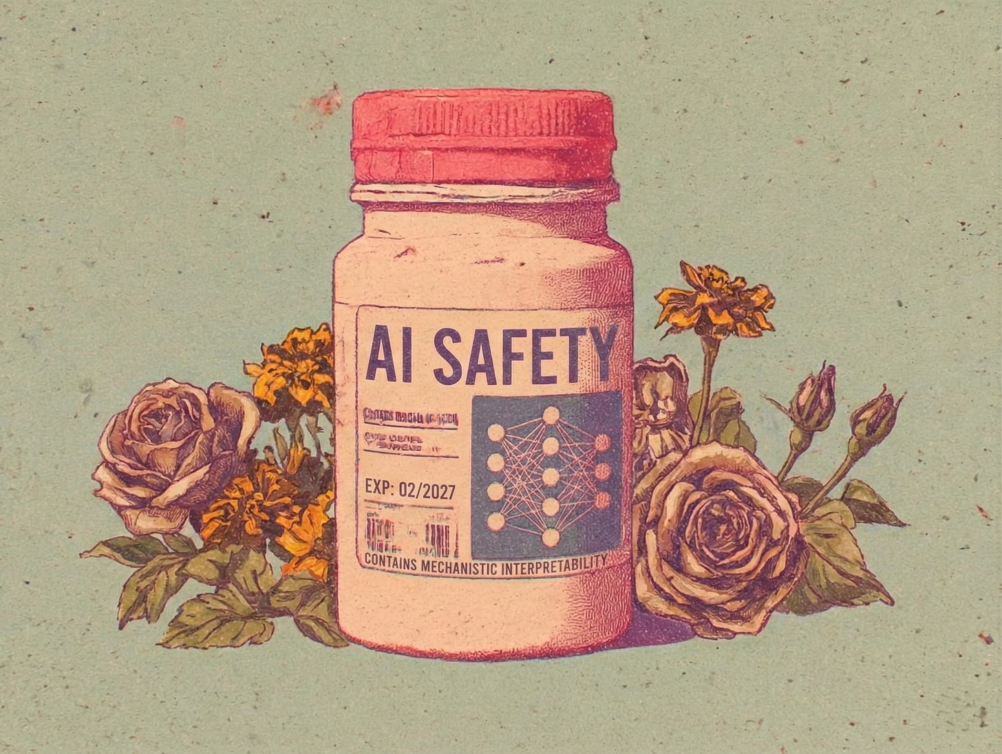 AI 안전성을 약병에 비유한 이미지로, 메커니즘 해석 가능성 포함 및 2027년 2월 만료라는 라벨이 붙어 있다.