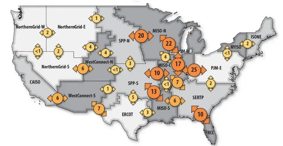 A map of potential interregional transmission in the U.S. A map of potential interregional transmission in the U.S.