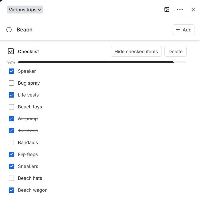 An open Trello card titled Beach with a checklist of packing items. An open Trello card titled Beach with a checklist of packing items.