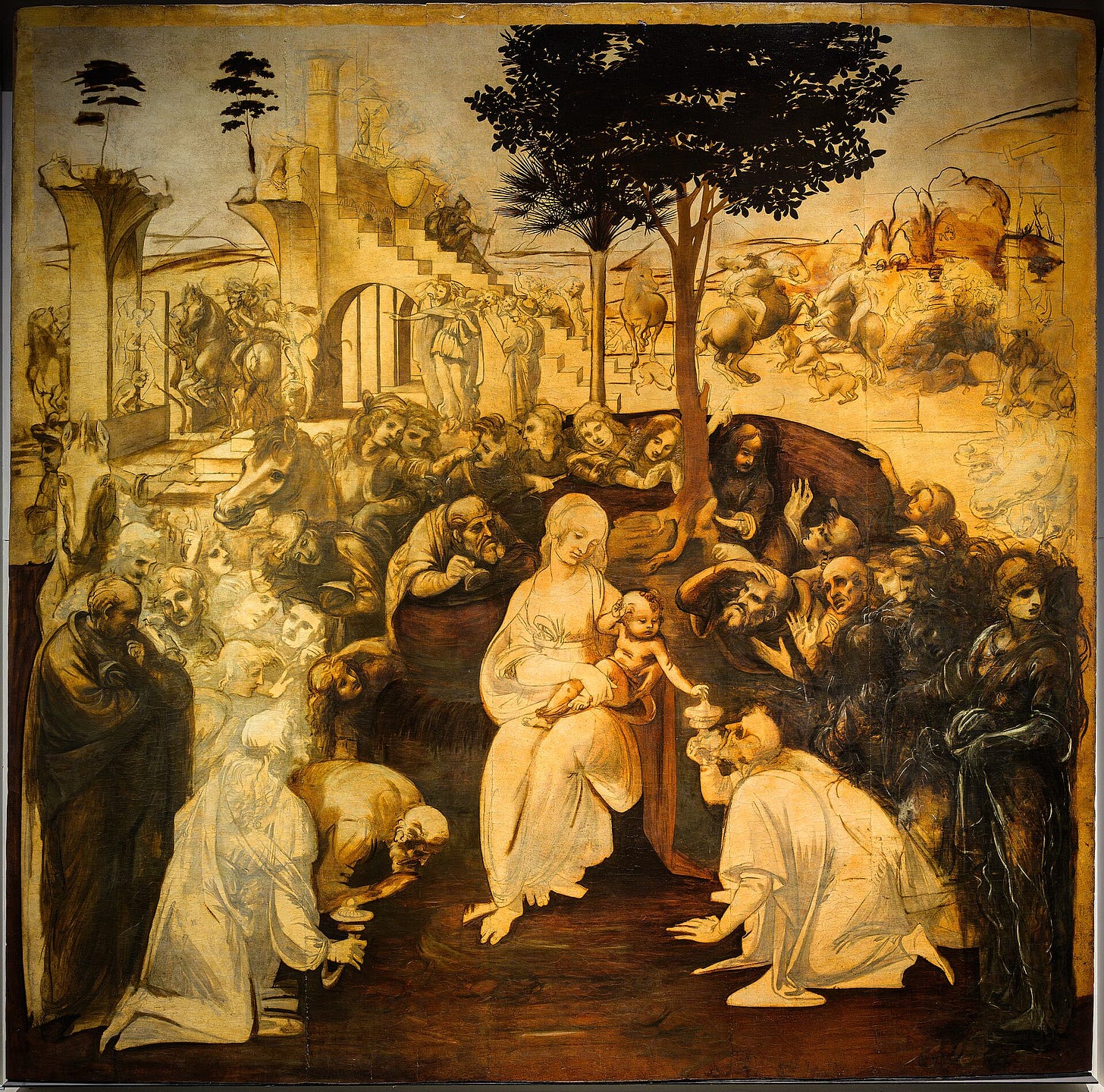 Leonardo da Vinci, The Adoration of the Magi, begun around 1481. Uffizi, Florence. Leonardo da Vinci, The Adoration of the Magi, begun around 1481. Uffizi, Florence.